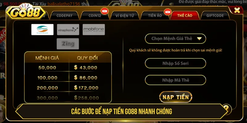 Nạp Tiền GO88 Nhanh Chóng - Cách Thực Hiện Và Lưu Ý Các phương thức nạp tiền GO88 cần kiểm tra trước khi giao dịch
